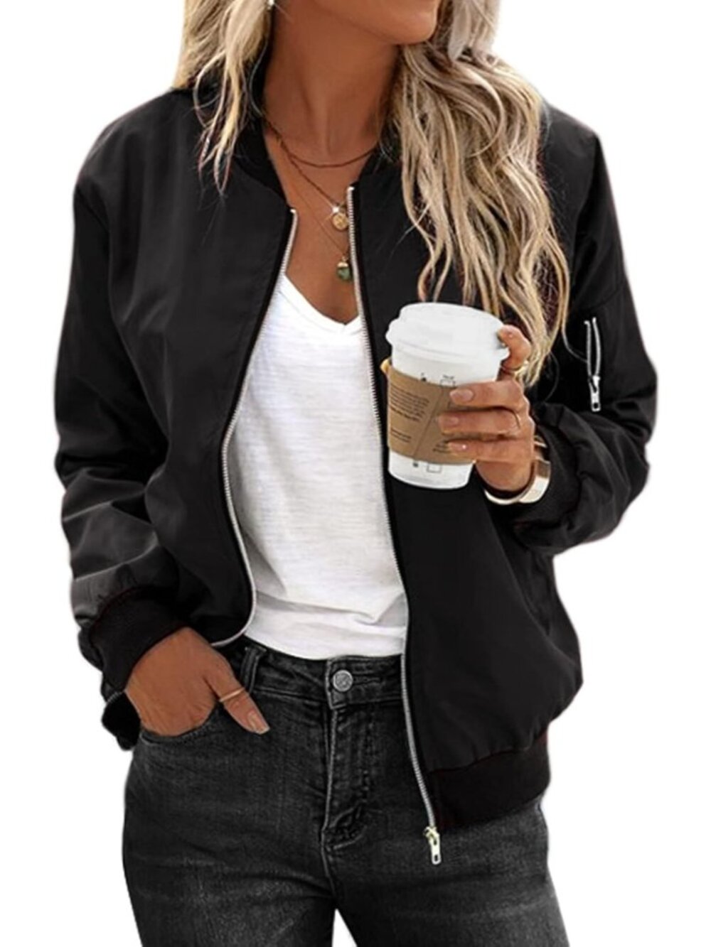 Women's black Casual Coat Zip Up Spring Fall Clothes with Pockets Bomber Jacket